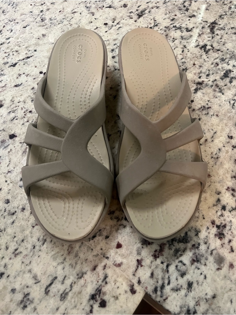 Crocs Sanrah Strappy Wedge Slide Sandals Womens Size 9 Taupe Comfort Casual